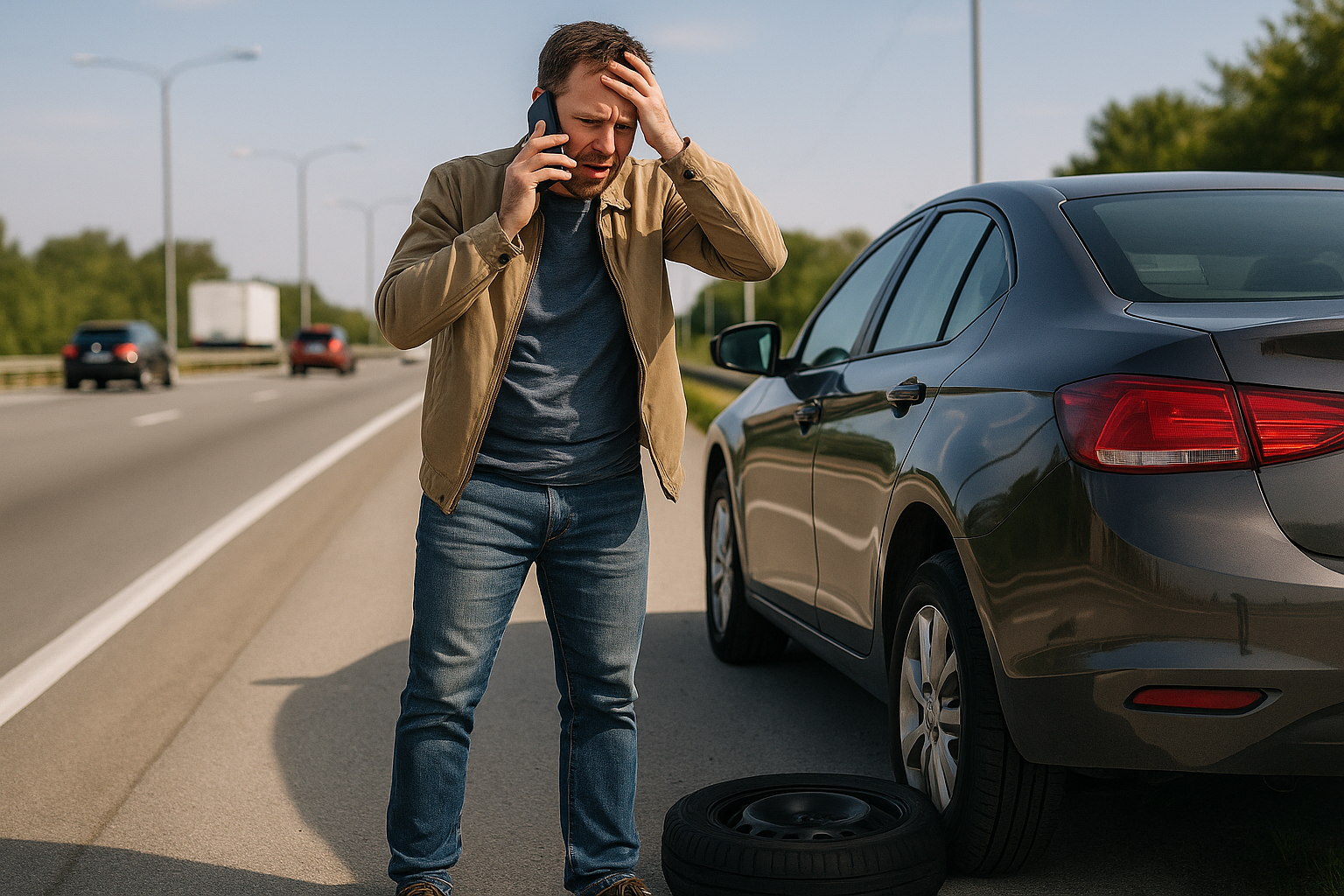 man on side of the highway with flat tire calling for help looking frustrated
