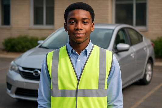 BLACK MALE TEEN STANDING IN FRONT OF CAR WITH SAFETY VEST ON