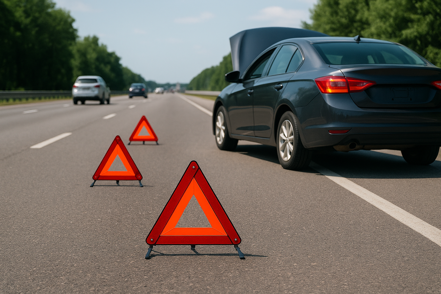 broke down car on highway with emergency triangles behind it