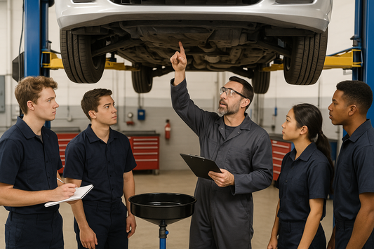 INSTRUCTOR SHOWING STUDENTS HOW TO DO AN OIL CHANGE WITH CAR ON A LIFT