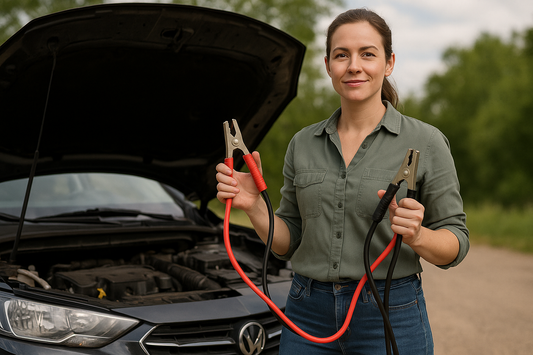 woman holding jumper cables